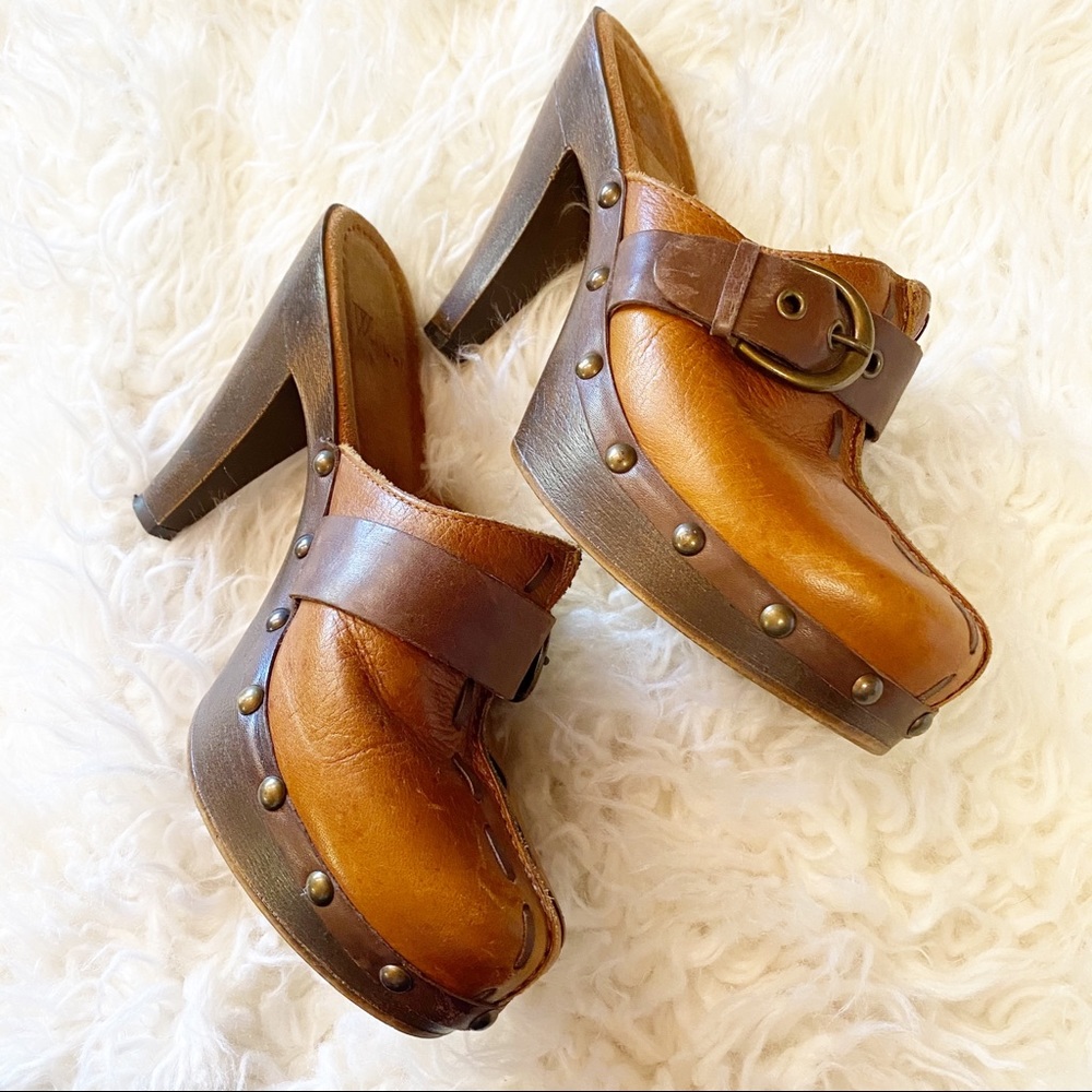 Mules heels 70s heel leather shoe nail head buckle